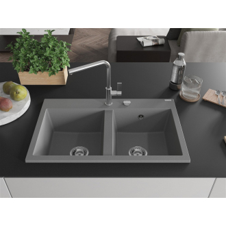 Mexen Hektor 2miskový granitový drez 800 x 480 mm, sivý, chrómový sifón - 6521802000-71