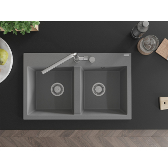Mexen Hektor 2miskový granitový drez 800 x 480 mm, sivý, chrómový sifón - 6521802000-71