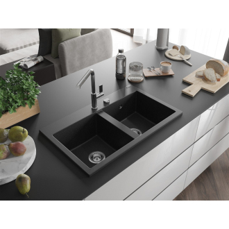 Mexen Hektor 2miskový granitový drez 800 x 480 mm, čierna / strieborná metalíza, chrómový sifón - 6521802000-73