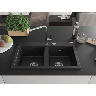 Mexen Hektor 2miskový granitový drez 800 x 480 mm, čierna / strieborná metalíza, chrómový sifón - 6521802000-73