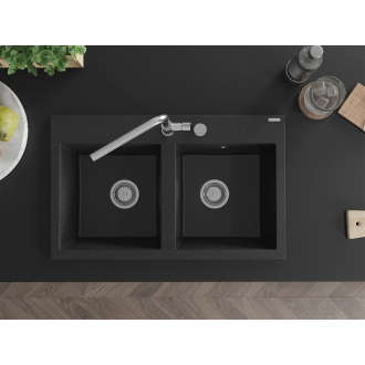 Mexen Hektor 2miskový granitový drez 800 x 480 mm, čierna / strieborná metalíza, chrómový sifón - 6521802000-73