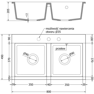 Mexen Hektor 2miskový granitový drez 800 x 480 mm, čierna / strieborná metalíza, chrómový sifón - 6521802000-73