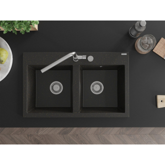 Mexen Hektor 2miskový granitový drez 800 x 480 mm, čierna / zlatá metalíza, chrómový sifón - 6521802000-75