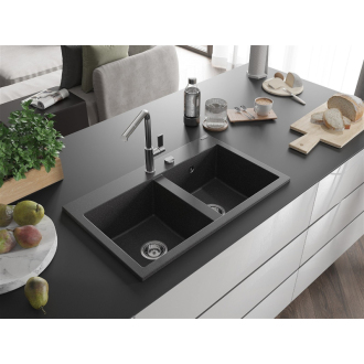 Mexen Hektor 2miskový granitový drez 800 x 480 mm, melír čierny, chrómový sifón - 6521802000-76