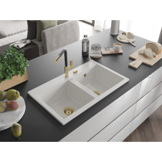 Mexen Hektor 2miskový granitový drez 800 x 480 mm, biely, zlatý sifón - 6521802000-20-G