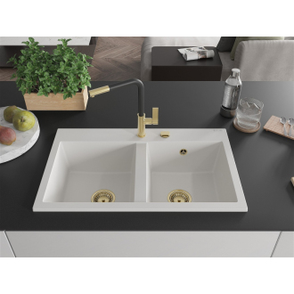 Mexen Hektor 2miskový granitový drez 800 x 480 mm, biely, zlatý sifón - 6521802000-20-G
