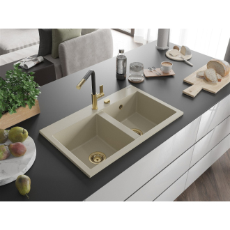 Mexen Hektor 2miskový granitový drez 800 x 480 mm, béžový, zlatý sifón - 6521802000-69-G