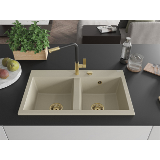 Mexen Hektor 2miskový granitový drez 800 x 480 mm, béžový, zlatý sifón - 6521802000-69-G