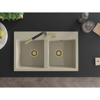 Mexen Hektor 2miskový granitový drez 800 x 480 mm, béžový, zlatý sifón - 6521802000-69-G