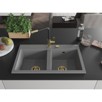 Mexen Hektor 2miskový granitový drez 800 x 480 mm, sivý, zlatý sifón - 6521802000-71-G
