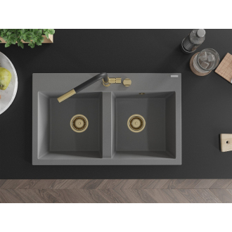 Mexen Hektor 2miskový granitový drez 800 x 480 mm, sivý, zlatý sifón - 6521802000-71-G
