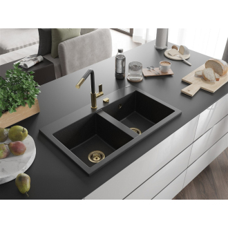 Mexen Hektor 2miskový granitový drez 800 x 480 mm, čierna / strieborná metalíza, zlatý sifón - 6521802000-73-G