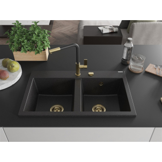 Mexen Hektor 2miskový granitový drez 800 x 480 mm, čierna / strieborná metalíza, zlatý sifón - 6521802000-73-G