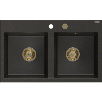 Mexen Hektor 2miskový granitový drez 800 x 480 mm, čierna / zlatá metalíza, zlatý sifón - 6521802000-75-G