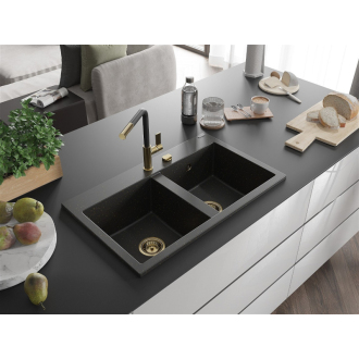 Mexen Hektor 2miskový granitový drez 800 x 480 mm, čierna / zlatá metalíza, zlatý sifón - 6521802000-75-G