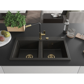 Mexen Hektor 2miskový granitový drez 800 x 480 mm, čierna / zlatá metalíza, zlatý sifón - 6521802000-75-G