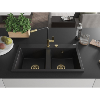 Mexen Hektor 2miskový granitový drez 800 x 480 mm, čierny, zlatý sifón - 6521802000-77-G