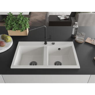 Mexen Hektor 2miskový granitový drez 800 x 480 mm, biely, čierny sifón - 6521802000-20-B