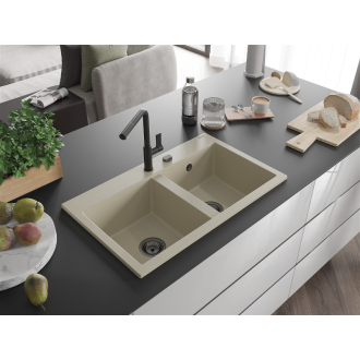 Mexen Hektor 2miskový granitový drez 800 x 480 mm, béžový, čierny sifón - 6521802000-69-B