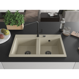 Mexen Hektor 2miskový granitový drez 800 x 480 mm, béžový, čierny sifón - 6521802000-69-B