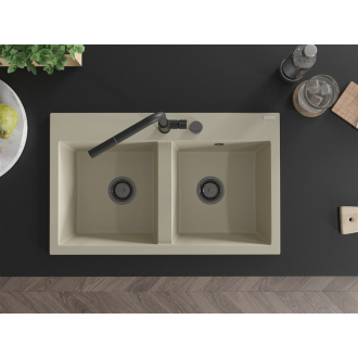 Mexen Hektor 2miskový granitový drez 800 x 480 mm, béžový, čierny sifón - 6521802000-69-B