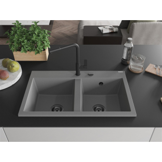Mexen Hektor 2miskový granitový drez 800 x 480 mm, sivý, čierny sifón - 6521802000-71-B