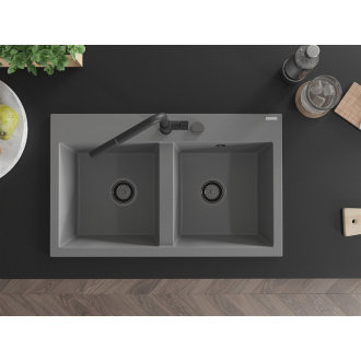 Mexen Hektor 2miskový granitový drez 800 x 480 mm, sivý, čierny sifón - 6521802000-71-B