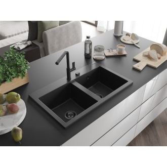 Mexen Hektor 2miskový granitový drez 800 x 480 mm, čierna / strieborná metalíza, čierny sifón - 6521802000-73-B