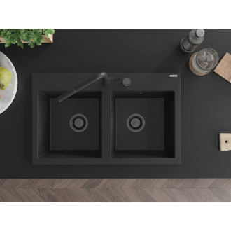 Mexen Hektor 2miskový granitový drez 800 x 480 mm, čierna / strieborná metalíza, čierny sifón - 6521802000-73-B