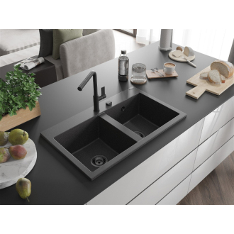 Mexen Hektor 2miskový granitový drez 800 x 480 mm, melír čierny, čierny sifón - 6521802000-76-B