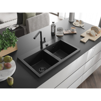 Mexen Hektor 2miskový granitový drez 800 x 480 mm, čierny, čierny sifón - 6521802000-77-B