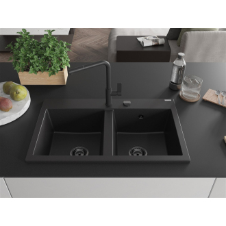 Mexen Hektor 2miskový granitový drez 800 x 480 mm, čierny, čierny sifón - 6521802000-77-B