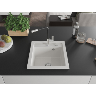 Mexen Vito 1-miskový granitový drez s kuchynskou batériou Flora, biela - 6503-20-670401-07