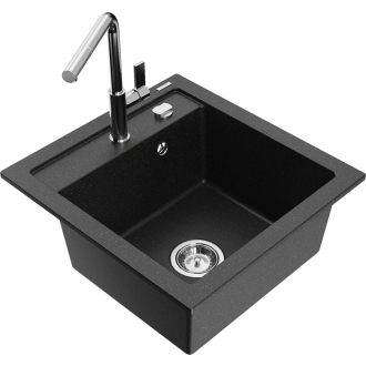 Mexen Vito 1-miskový granitový drez s kuchynskou batériou Flora, čierna/strieborná metalíza - 6503-73-670401-00