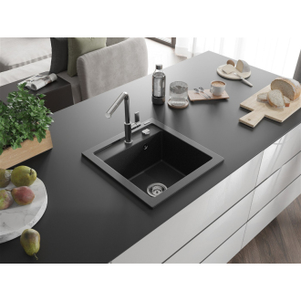 Mexen Vito 1-miskový granitový drez s kuchynskou batériou Flora, čierna/strieborná metalíza - 6503-73-670401-00