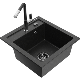 Mexen Vito 1-miskový granitový drez s kuchynskou batériou Flora, čierna/strieborná metalíza - 6503-73-670401-07-B