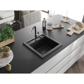 Mexen Vito 1-miskový granitový drez s kuchynskou batériou Flora, čierna/strieborná metalíza - 6503-73-670401-07-B