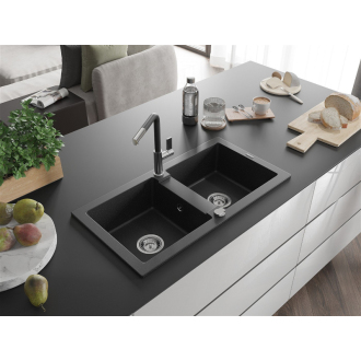 Mexen Mario 2-miskový granitový drez s kuchynskou batériou Flora, čierna/strieborná metalíza - 6504-73-670401-07