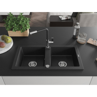 Mexen Mario 2-miskový granitový drez s kuchynskou batériou Flora, čierna/strieborná metalíza - 6504-73-670401-07