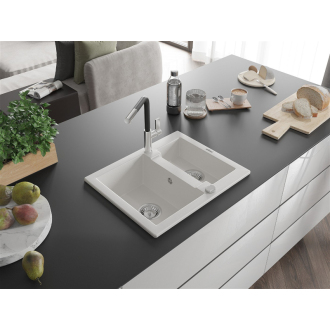 Mexen Carlos 1,5-miskový granitový drez s kuchynskou batériou Flora, biela - 6518-20-670401-07
