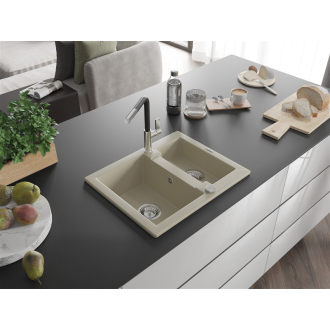 Mexen Carlos 1,5-miskový granitový drez s kuchynskou batériou Flora, béžová - 6518-69-670401-07