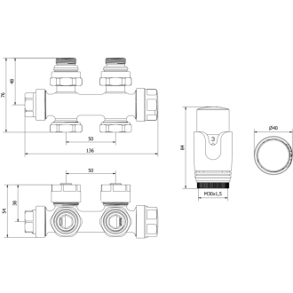 Mexen G00 uhlový/priamy termostatický set, Duplex, DN50, chróm - W908-900-01