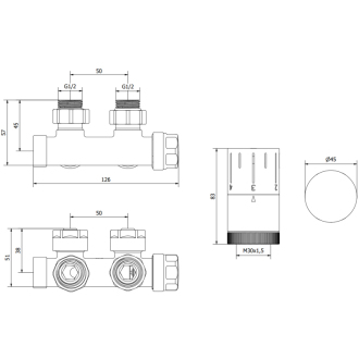 Mexen G05 uhlový termostatický set, Duplex, DN50, chróm - W907-958-01