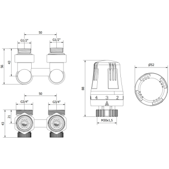 Mexen G01 sada termostatická dvojrúrková DN50, lomená 1/2&quot;x3/4&quot;, nikel - W911-012-918-01