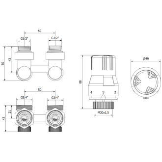 Mexen G02 sada termostatická dvojrúrková DN50, lomená 1/2&quot;x3/4&quot;, nikel - W911-012-928-01