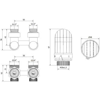 Mexen G03 sada termostatická dvojrúrková DN50, lomená 1/2&quot;x3/4&quot;, nikel - W911-012-938-01