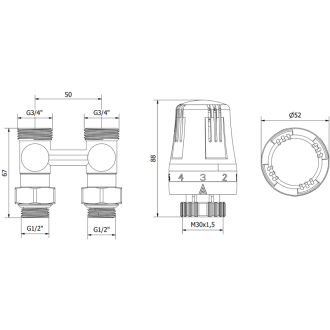 Mexen G01 sada termostatická dvojrúrková DN50, priama 1/2&quot;x3/4&quot;, nikel - W912-012-918-01