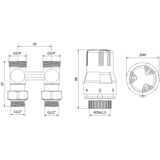 Mexen G02 sada termostatická dvojrúrková DN50, priama 1/2&quot;x3/4&quot;, nikel - W912-012-928-01