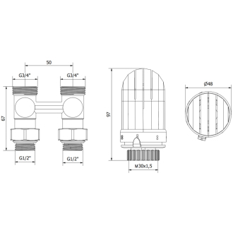 Mexen G03 sada termostatická dvojrúrková DN50, priama 1/2&quot;x3/4&quot;, nikel - W912-012-938-01