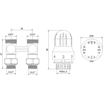 Mexen G04 sada termostatická dvojrúrková DN50, priama 1/2&quot;x3/4&quot;, nikel - W912-012-948-01